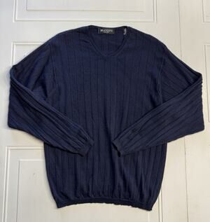Brandini Mens Sz M Navy Blue Merino Wool Ribbed Long Sleeve V Neck Sweater